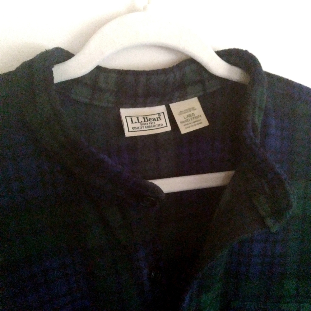 LLBean Plaid Flannel Shacket Shirt Navy Green Collarless Gorpcore Large